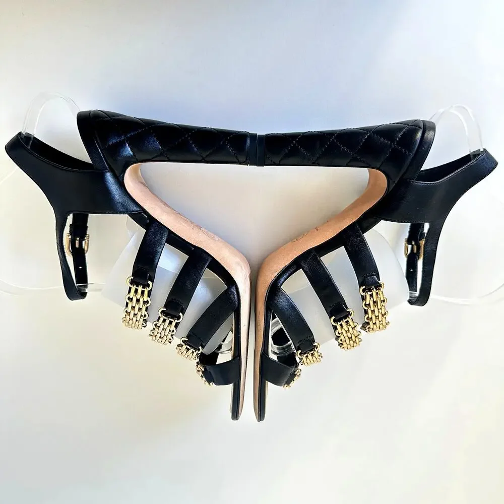 CHANEL CC Logo Black Lambskin Quilted Heels Gold Chain Strap Sandals IT 39
